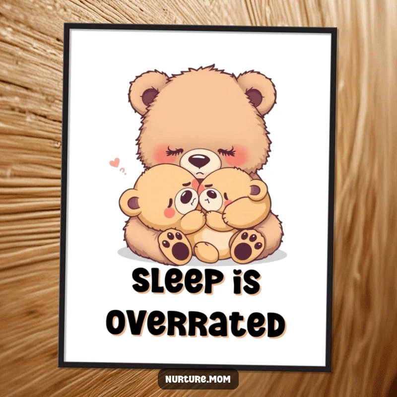 Funny fuzzy bear mother rocking a crying baby bear to sleep, heartwarming wall art, gentle parenting poster gift.