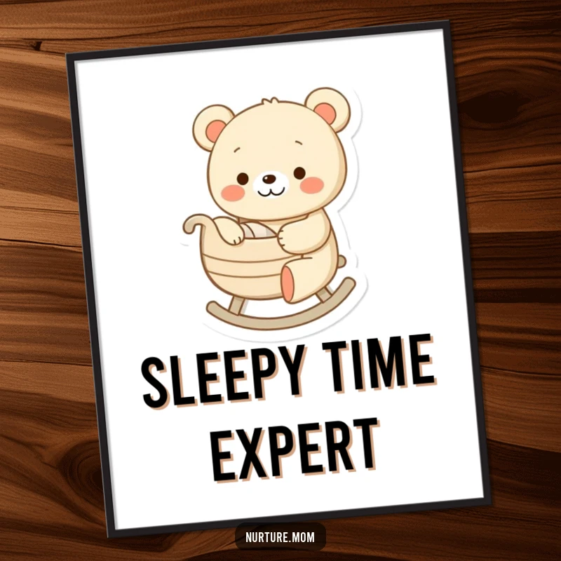 Funny poster featuring a cheerful bear character gently rocking a tiny cradle, a humorous artwork symbolizing peace and parental love.