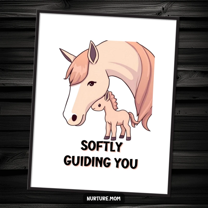 Poster featuring a mother horse softly nudging her foal, depicting a tender moment of equine connection.