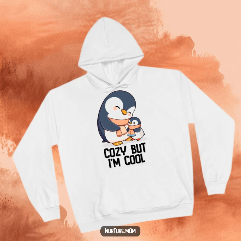 Funny mama penguin gently fastens a tiny scarf onto her chick, showcasing a heartwarming scene on this cozy hoodie.