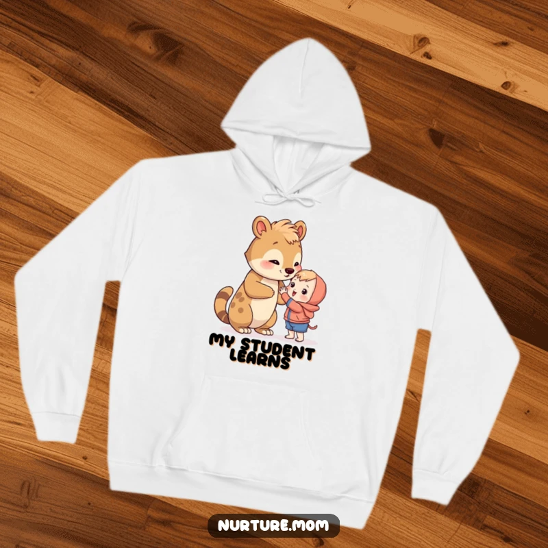 Funny animal shows a small being how to reach for something, embodying guidance and humor on a cozy hoodie.
