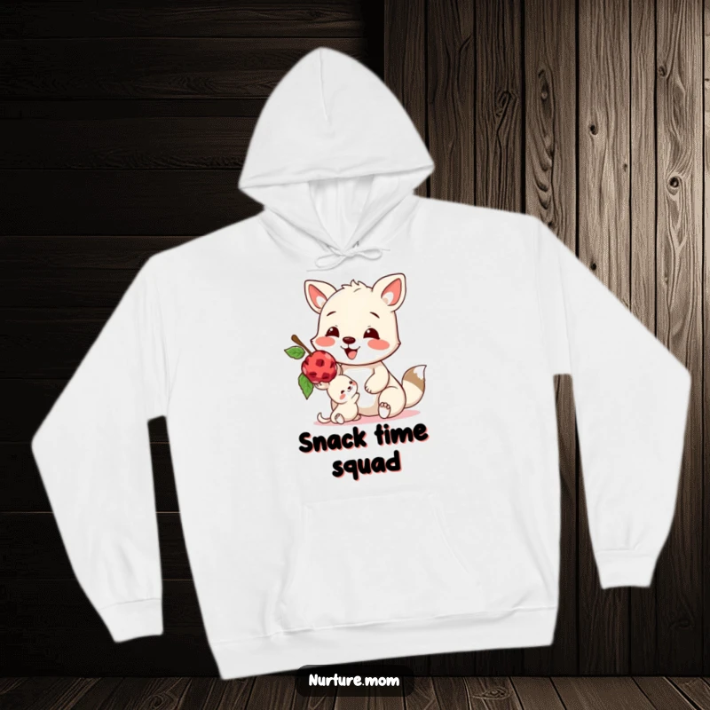 Funny hoodie depicting a happy animal generously sharing a ripe berry with a tiny creature, exuding warmth and sweetness.