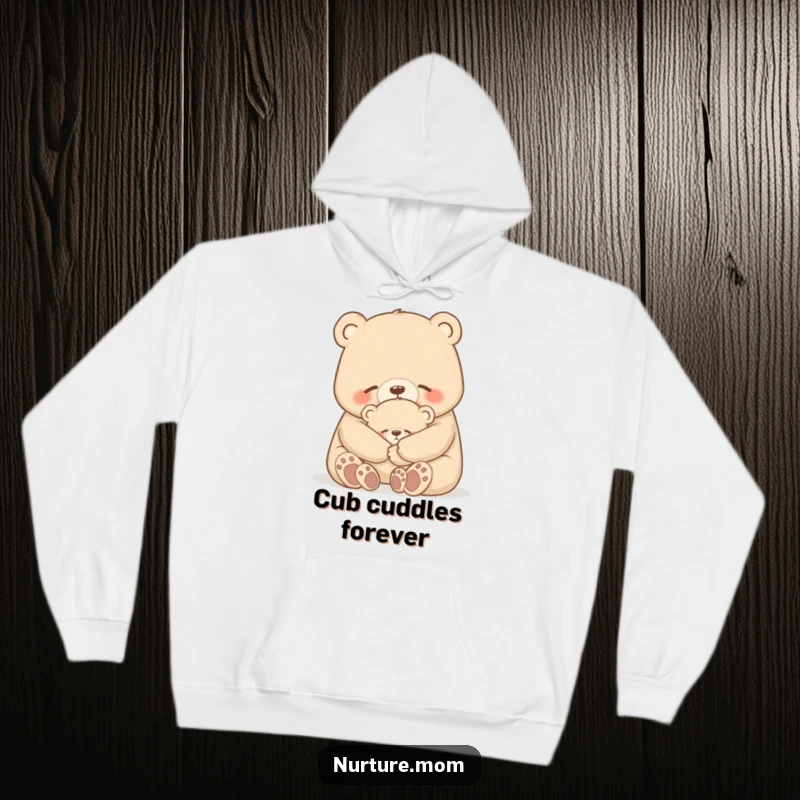 Funny bear hoodie depicting a mother bear gently hugging her tiny cub, perfect for cozying up with warmth and humor.