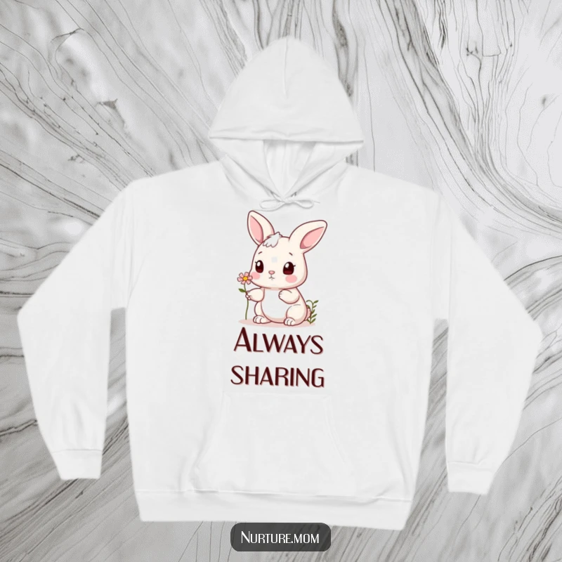 Funny bunny hoodie with a cute rabbit offering a tiny flower to a friend, radiating warmth, friendship, and gentle charm.