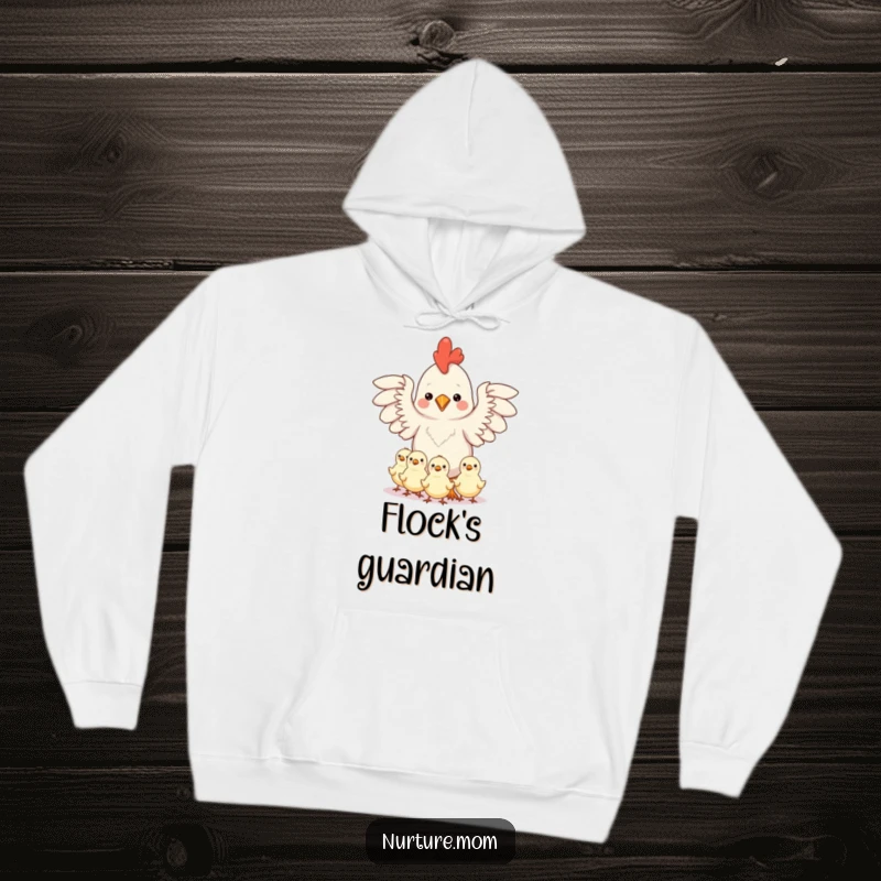 Funny and warm hoodie featuring a kawaii chicken mom protecting chicks under her outstretched wings, perfect for cozy days.