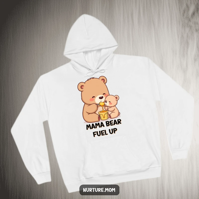 Funny Mama Bear Hoodie: Cozy and adorable mother bear spoon-feeding honey to her cub, a heartwarming parenting design.