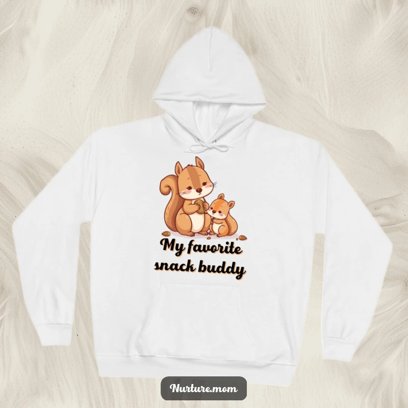 Funny Squirrel Hoodie showing contentment while sharing nuts with a smaller squirrel, perfect for cozy warmth and humorous generosity.