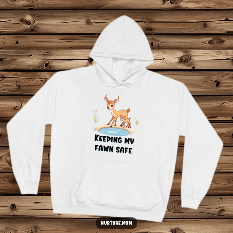 Funny kawaii mother deer leading her cute fawn to drink, featured on a cozy hoodie.