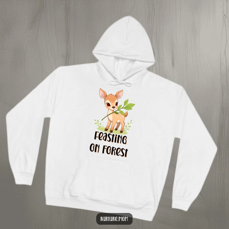 Funny Deer Hoodie showing a small deer offering a leafy branch, perfect for staying warm with natural, humorous vibes.