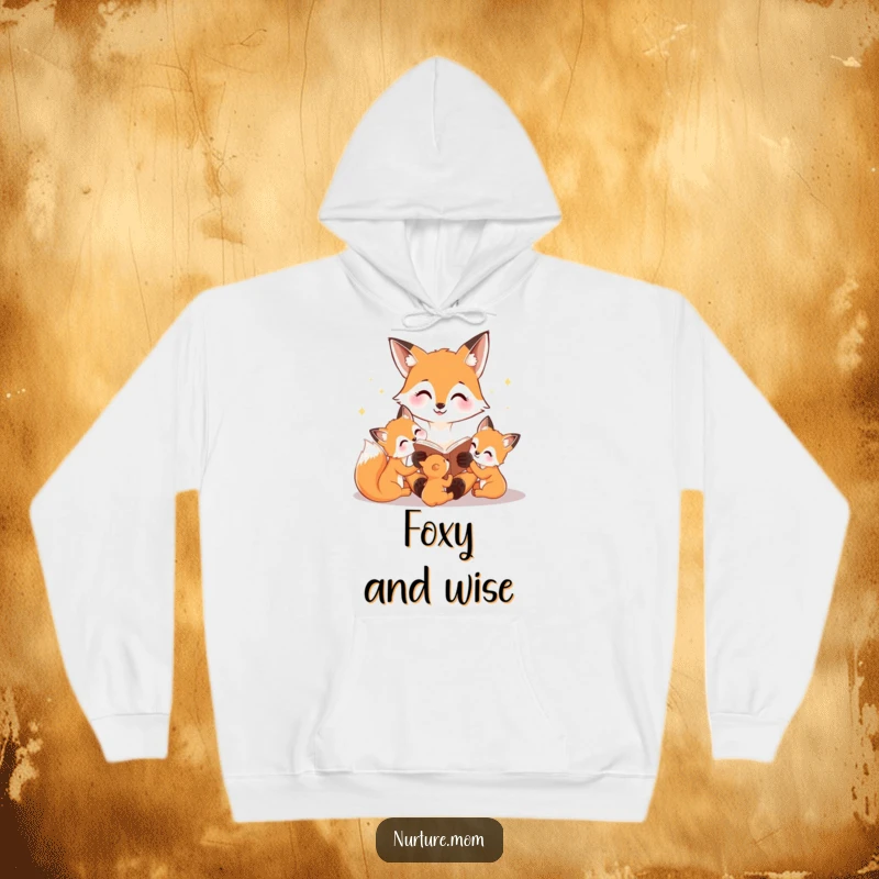 Funny hoodie showcasing a happy fox mom reading a bedtime story to her cubs, symbolizing warmth, education, and family.