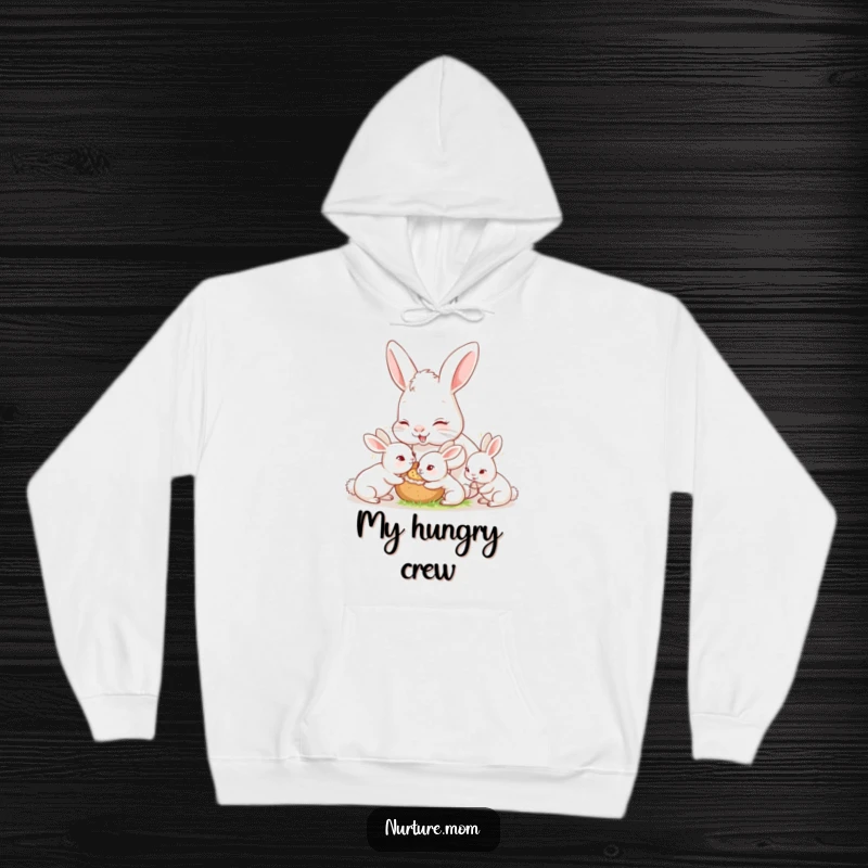 Funny nurturing mother rabbit feeding hungry bunnies, cozy hoodie, warm and adorable maternal gift.