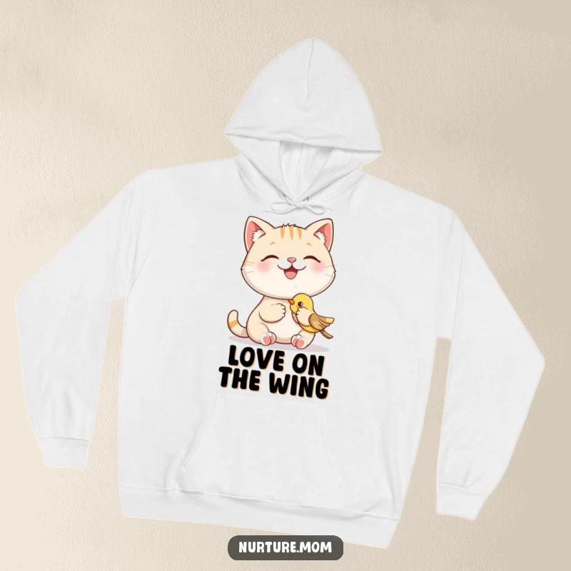 Funny hoodie with a smiling cat character happily feeding a baby bird, embodying a humorous and sweet scene of interspecies kindness.