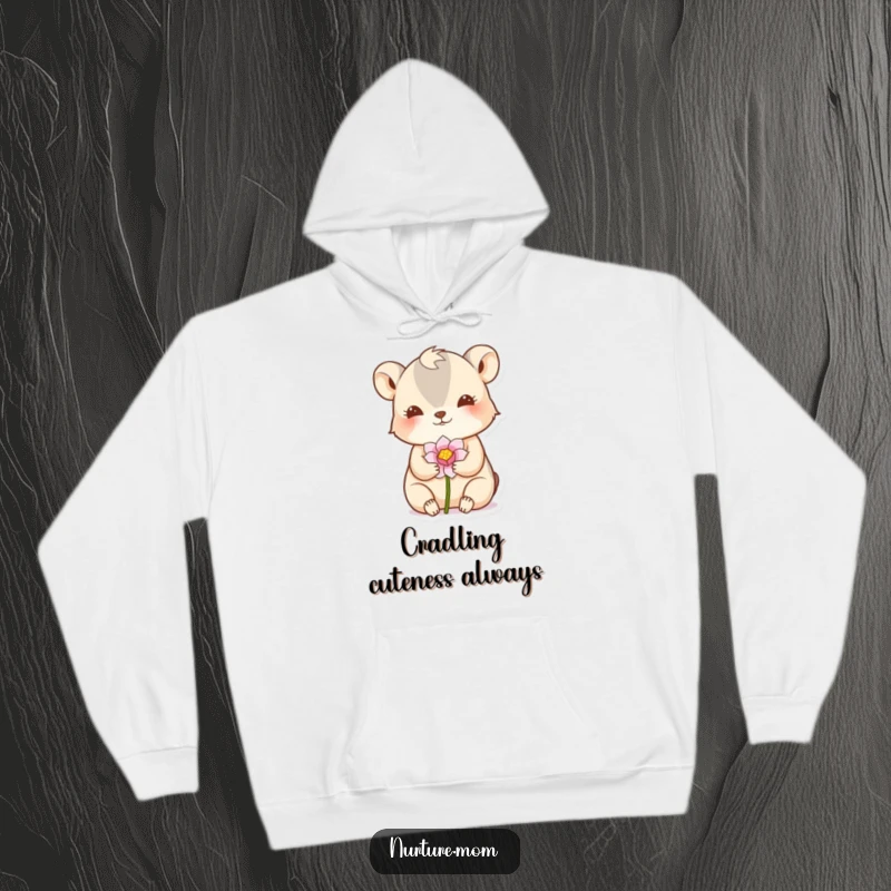 Funny hoodie depicting a small animal gently cradling a delicate flower bud with a nurturing gesture, exuding warmth.