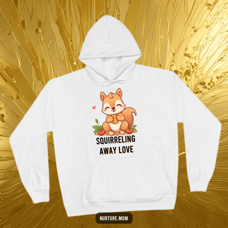Funny! Hoodie design featuring a kawaii squirrel mom character gathering nuts with an expression of loving care and dedication.