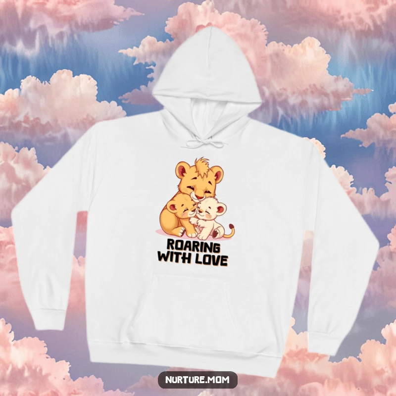 Funny! Hoodie design showing a gentle lioness cub grooming her energetic offspring, symbolizing maternal care and playful family humor.