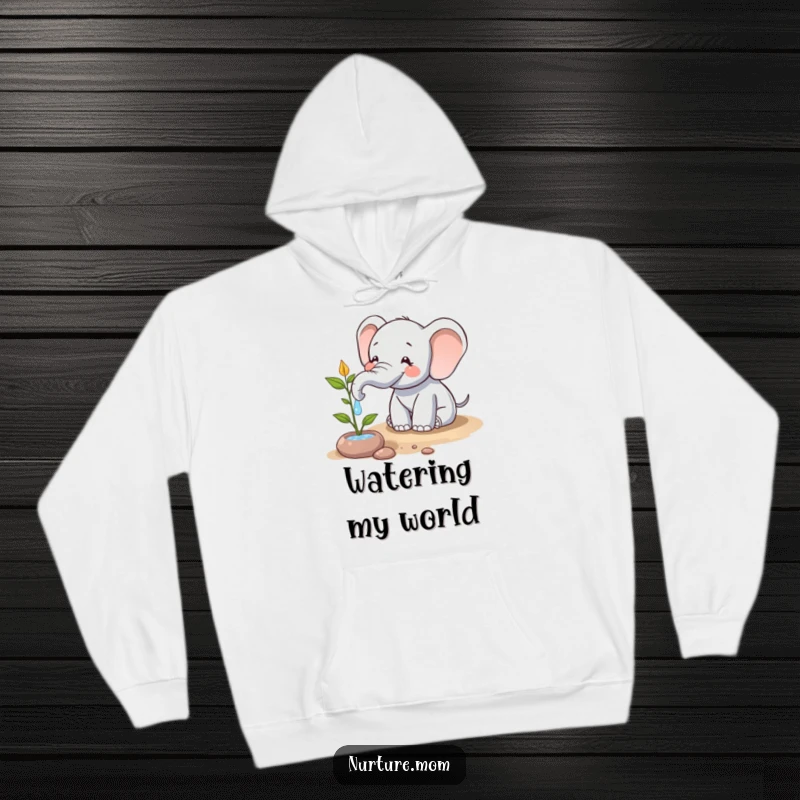 Funny hoodie with a happy elephant character using its trunk to water a plant, embodying a humorous and sustainable scene.