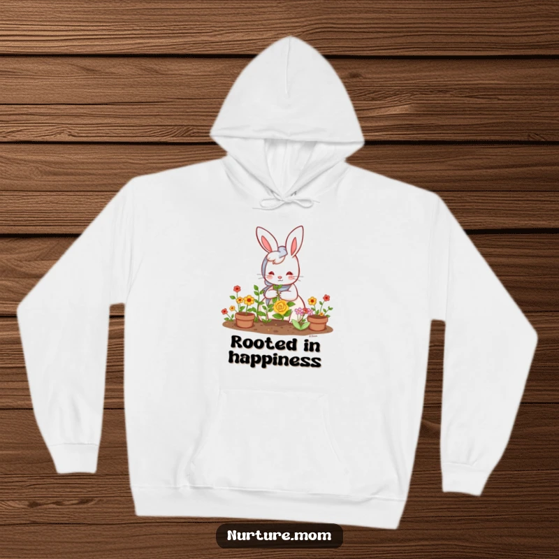 Funny Kawaii Rabbit Mom Hoodie: A cute bunny mom gardening in a peaceful garden setting, warm and humorous.