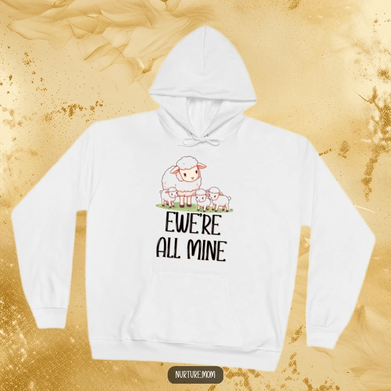 Funny gentle mother sheep watching her grazing lambs, cozy hoodie, warm and comforting maternal gift.