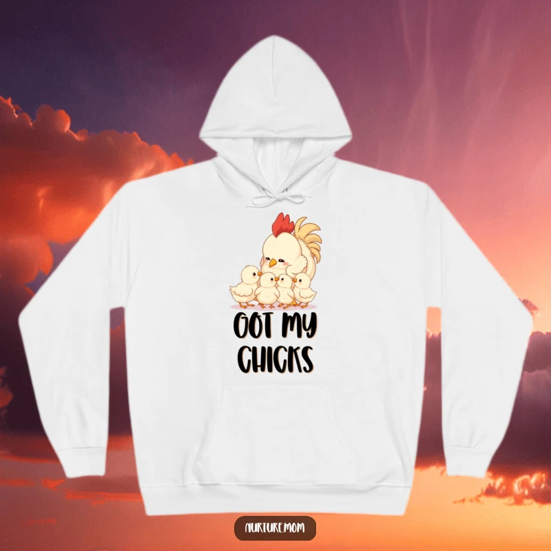 Funny mother hen hoodie with fluffy chicks, offering a warm, humorous, and adorable design for cozy wear and gifting.