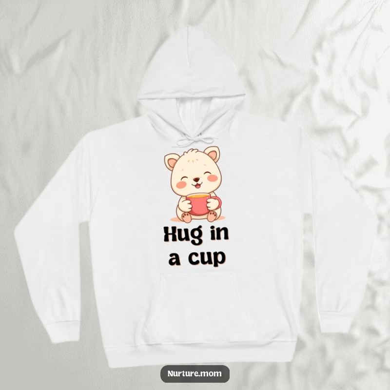 Funny hoodie depicting a gentle animal with a soft smile, offering a warm cup, symbolizing comfort and care.