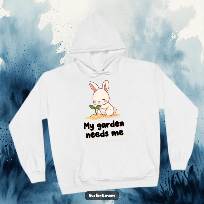 Funny hoodie displaying a small bunny character softly patting a tiny sprout, embodying a humorous and heartwarming scene of gentle care.