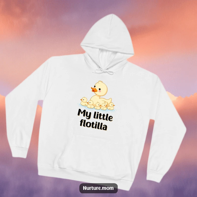 Funny kawaii mama duck and her ducklings swimming together, featured on a cozy hoodie.