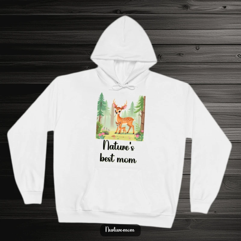 Funny deer mom hoodie showing a protective doe guiding her fawn through a serene, lush forest setting.