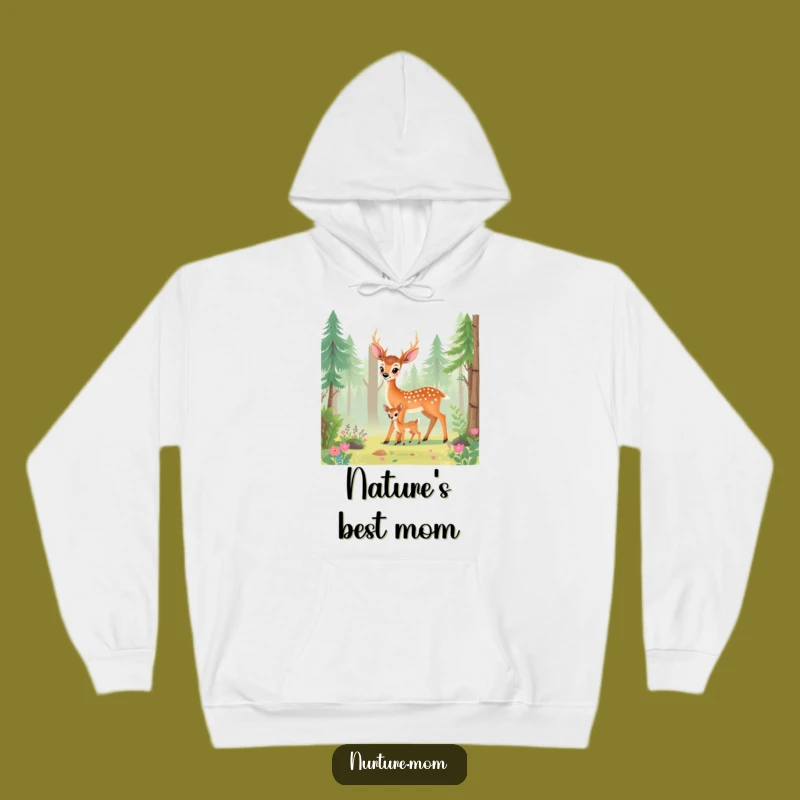 Cozy Funny Deer Mom Hoodie: Nurturing Mother Guiding Fawn in Forest