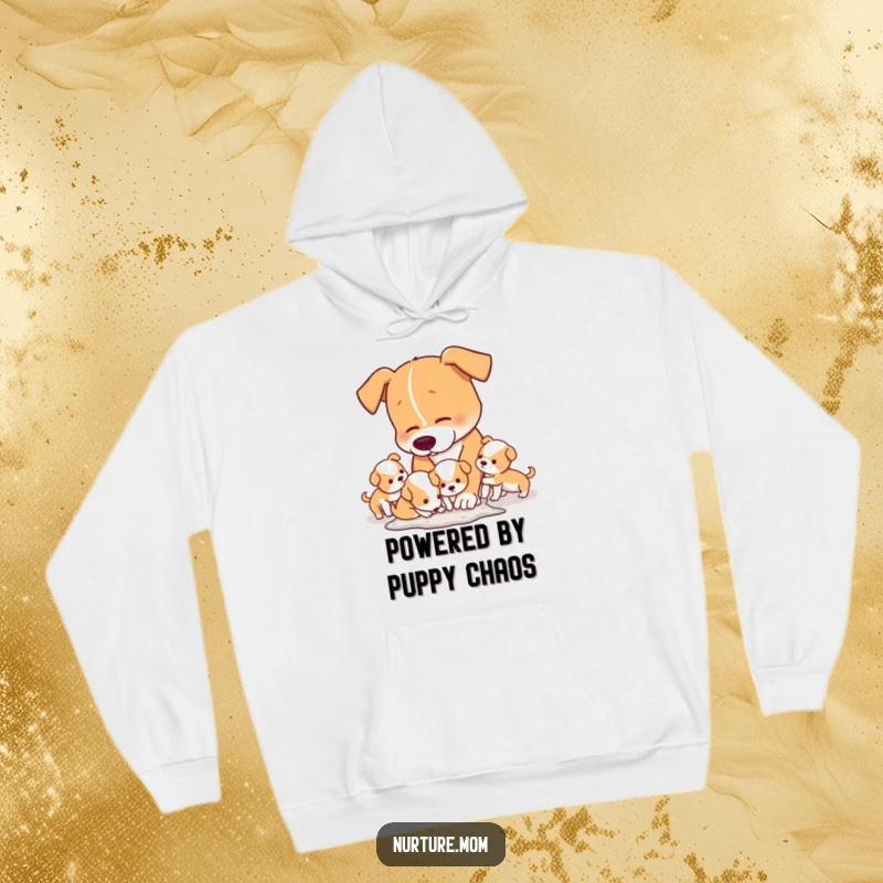 Funny Hoodie showing a loving mom dog tackling the playful mess left by her energetic puppies.