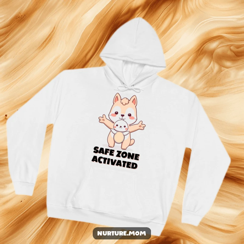 Funny animal shields a small being with open arms, conveying protection and humor on a cozy hoodie.