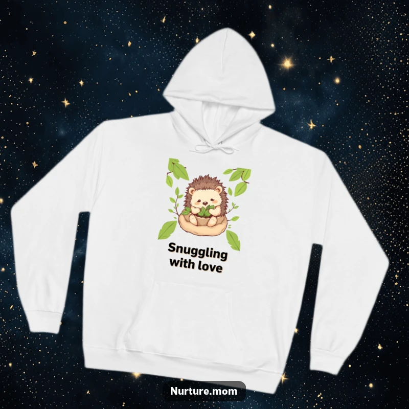Funny! Hoodie design featuring a gentle hedgehog mom character creating a cozy nest with leaves, symbolizing warmth and peaceful humor.