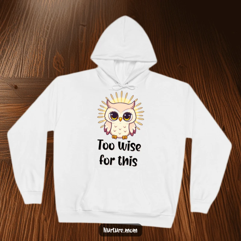 Funny hoodie with a radiating owl mom design, featuring a bright, wise gaze, ideal for warmth and a touch of humor as a gift.
