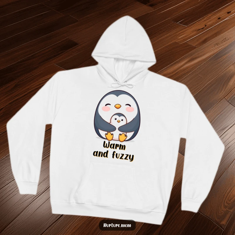 Hoodie design featuring a mother penguin holding her chick close for warmth, symbolizing comfort and care.