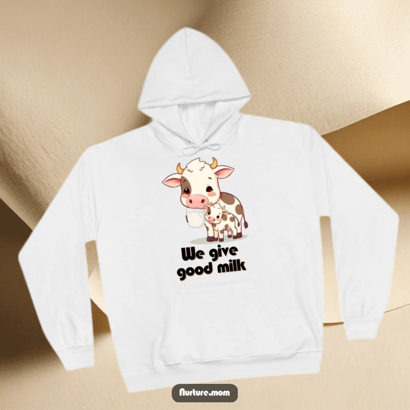 Funny! Hoodie design featuring a contented cow mom character offering milk to her calf, symbolizing maternal provision and peaceful farm humor.