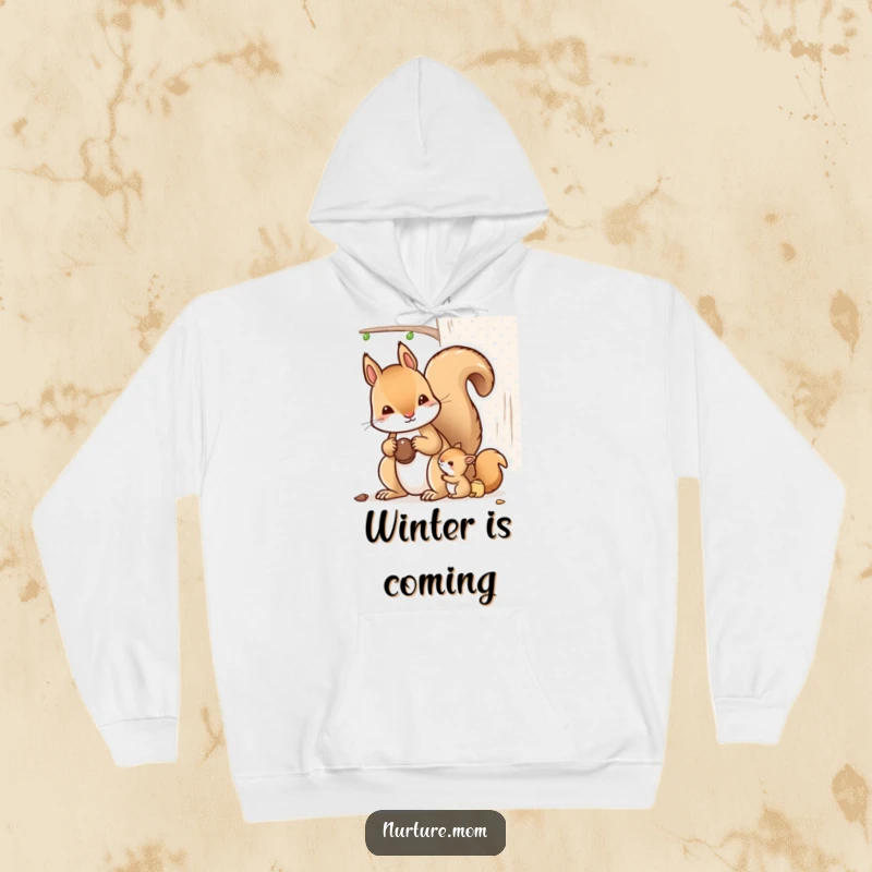 Funny kawaii mother squirrel showing her babies where to hide nuts, on a cozy hoodie.