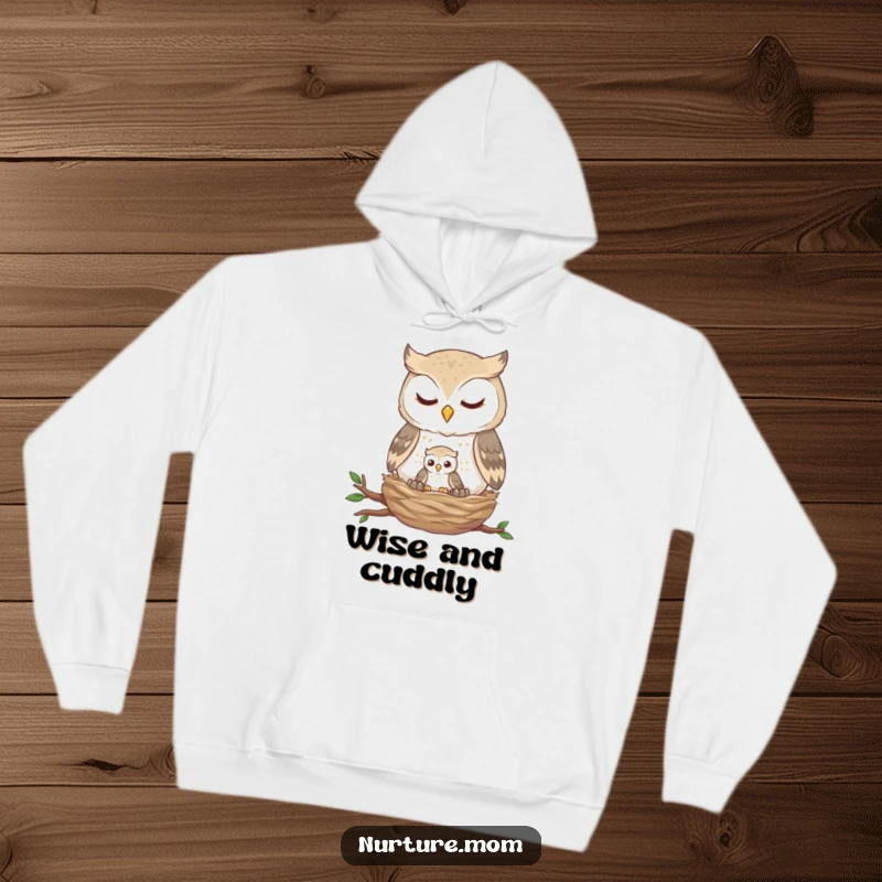 Funny owl nest hoodie showing a gentle parent owl feeding a tiny fledgling, symbolizing warmth, protection, and family love.