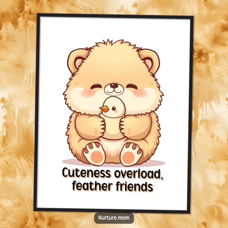 Funny Free Printable Wall Art: Fluffy animal protectively holds a tiny baby bird, creating a heartwarming and cute downloadable image.