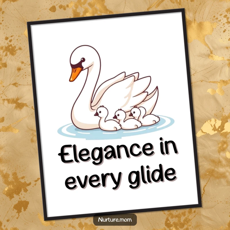Elegant Free Printable Wall Art: A nurturing swan gracefully escorts her precious cygnets on water.
