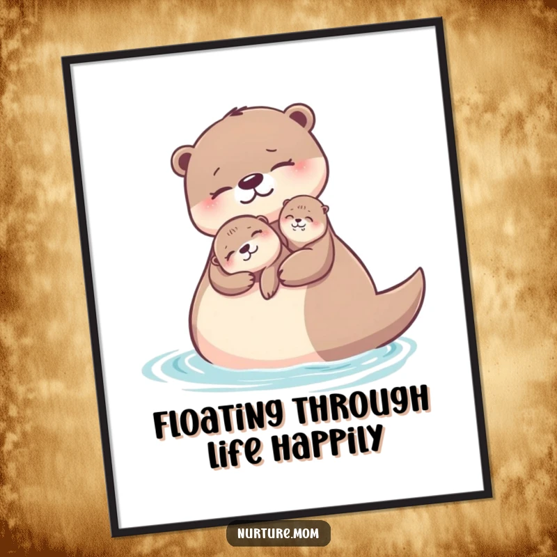 Funny Free Printable Wall Art: Otter mom holding pup while floating, loving bond, cute water animal, serene aquatic scene, downloadable art