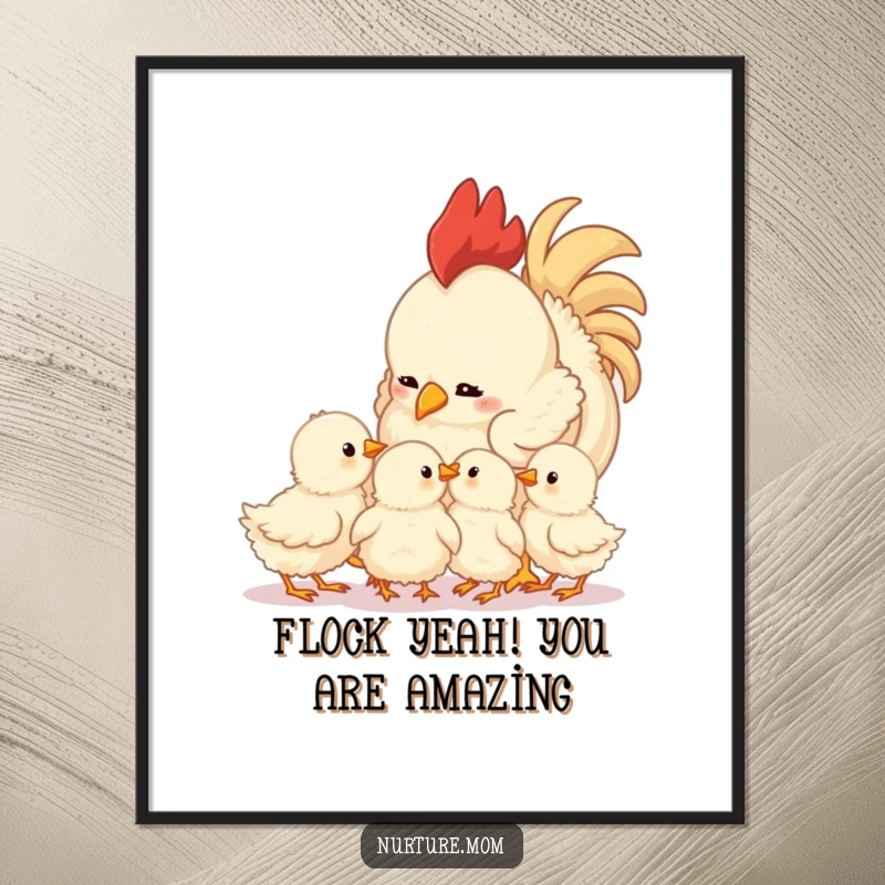 Sweet Free Printable wall art featuring a mother hen looking fondly at her fluffy chicks, a heartwarming and tender downloadable illustration.