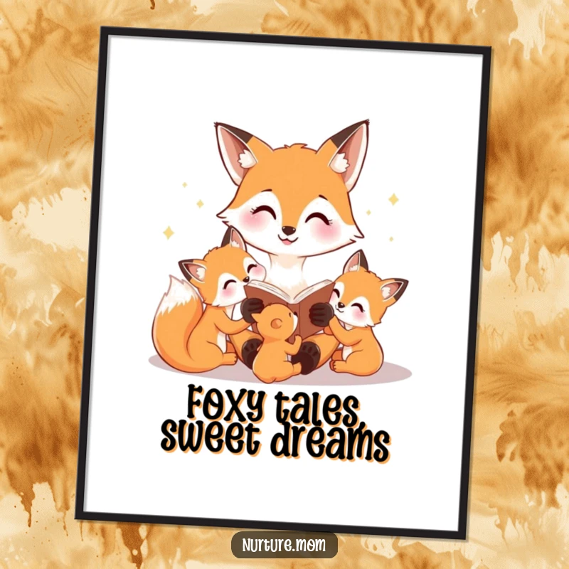 Free Printable Wall Art: A happy fox mom reading a bedtime story to her cubs, creating a warm and inviting scene.