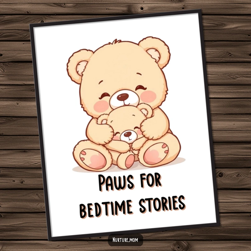 Free Printable Wall Art: A teddy bear mom gently tucking a sleepy baby bear into bed, creating a peaceful scene.