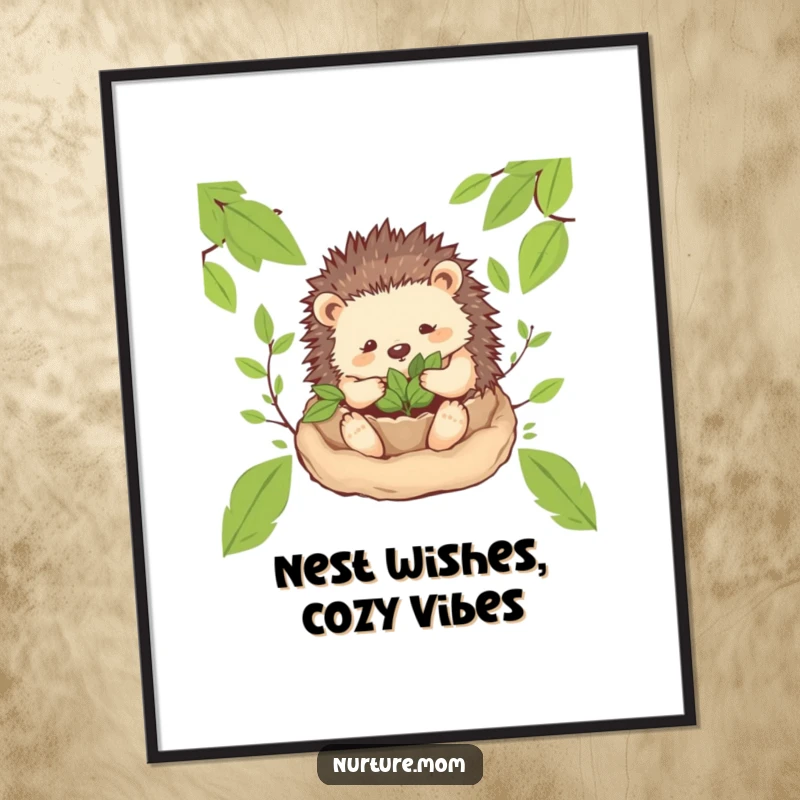Free Printable Wall Art: A gentle hedgehog mom is busy creating a cozy nest filled with leaves.