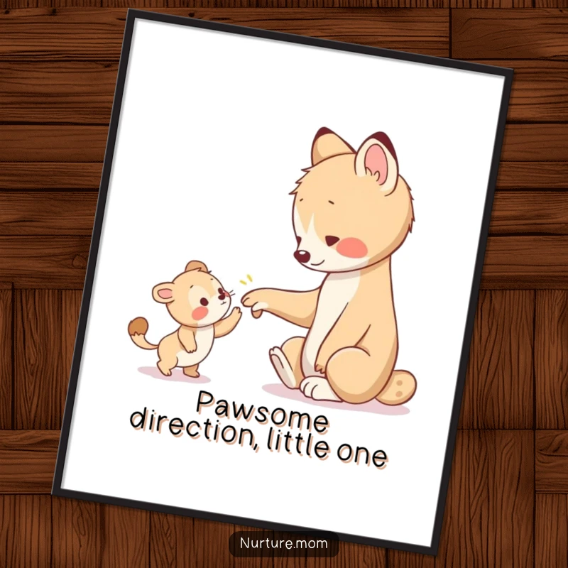 Funny Free Printable Wall Art: Animal gently guides a young creature with a warm paw, symbolizing support and care. Inspirational downloadable art.