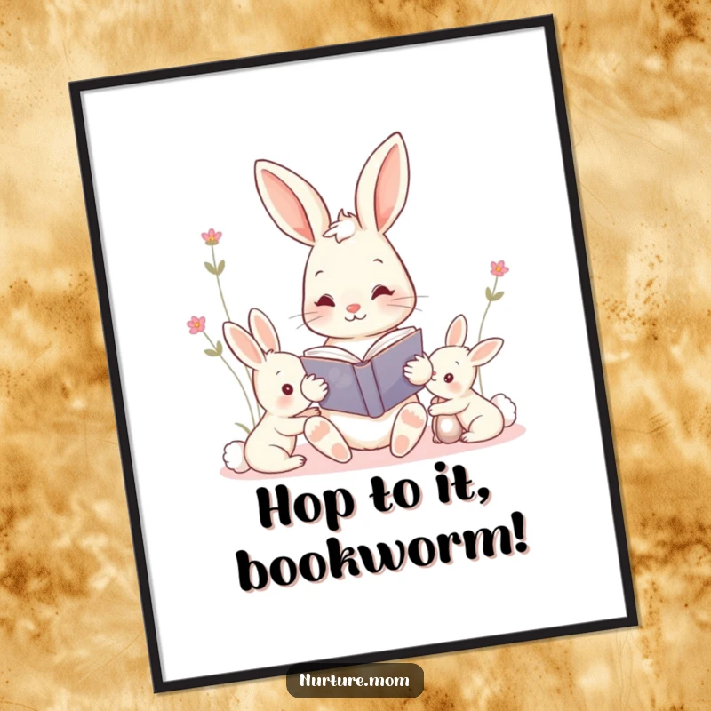 Funny Free Printable Wall Art: A kawaii mama bunny engrossed in reading a tiny storybook to her attentive, adorable kits.