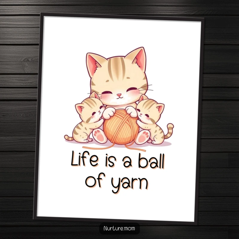 Funny Free Printable Wall Art: Kawaii mother cat playing with yarn ball and kittens, cute downloadable decor.