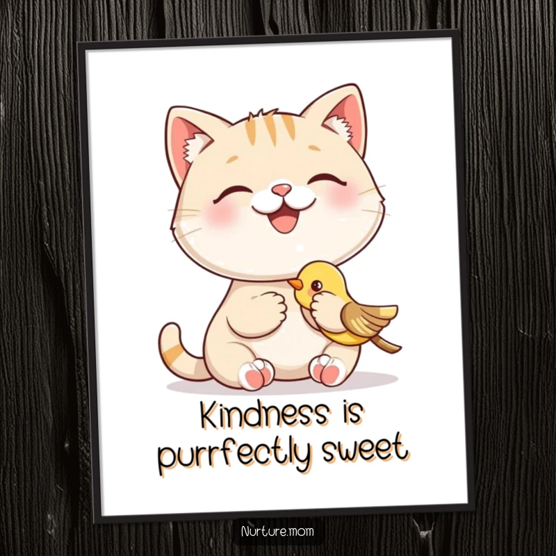 Funny Free Printable Wall Art: A smiling cat character happily feeding a baby bird, showing gentle nurturing, delightful DIY wall art.
