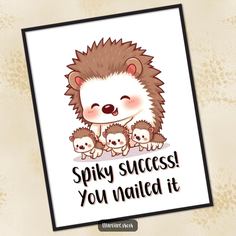 Funny Free Printable wall art featuring a determined hedgehog parent leading tiny siblings, a heartwarming and humorous downloadable illustration.