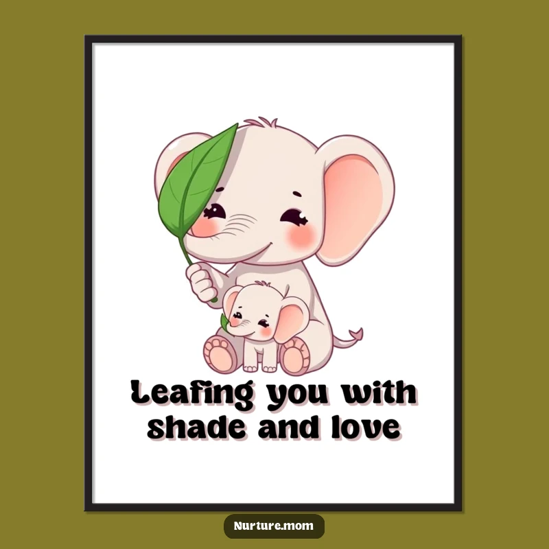 Funny Free Printable Wall Art: Kawaii Elephant Mom & Baby Protecting from Sun - Downloadable