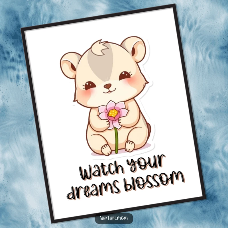 Funny Free Printable Wall Art: Gentle animal tenderly cradling a small flower bud, adding a touch of nature.